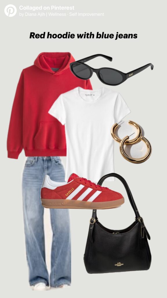 Red hoodie with blue jeans