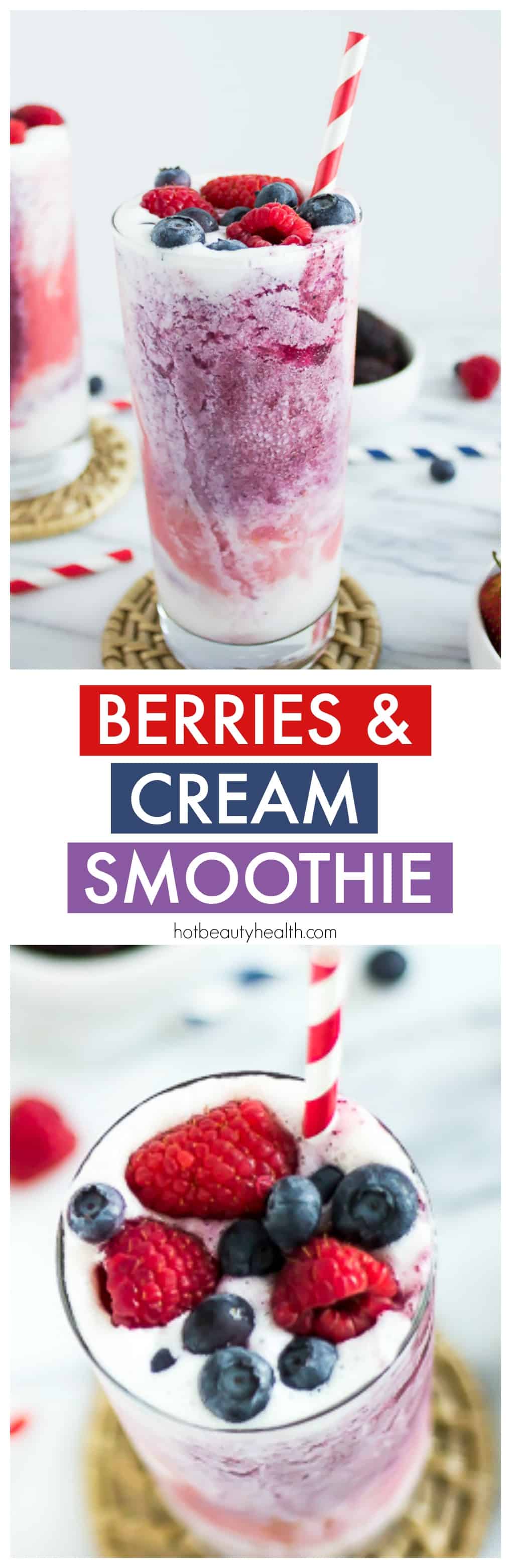 Try this healthy red, white, & blue, berries and cream fruit smoothie recipe. The perfect patriotic, cold berry drink to enjoy all summer long on Memorial Day, 4th of July, and Labor Day. Made with apple juice, greek yogurt, skim milk, and tons of berries!