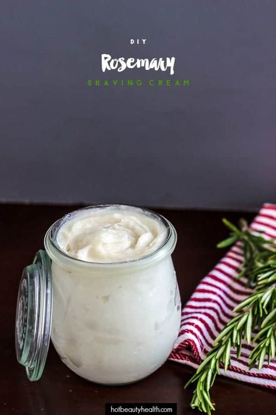 Get a clean, soft hair-free shave without drying out skin with this diy shaving cream recipe made with rosemary and tea tree essential oils. Also makes a great Christmas gift idea for him or her!
