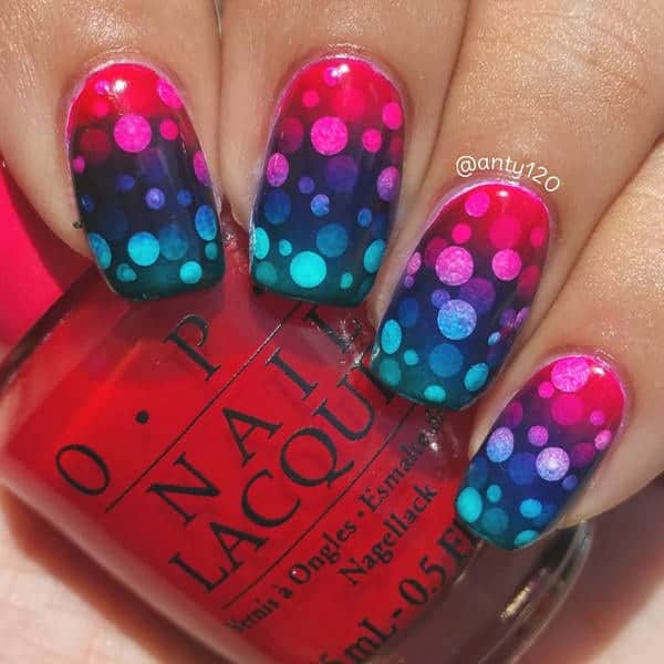 ombre-nails-blue-red-dotted