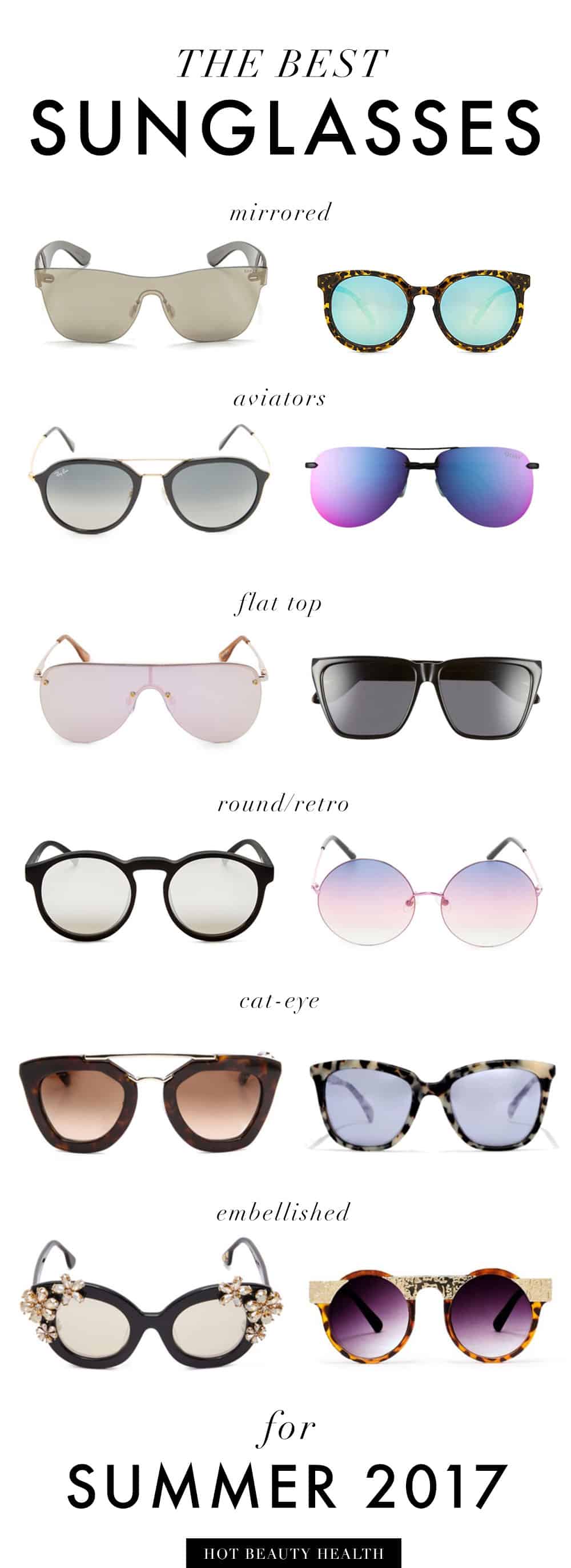 The Ultimate Women's Summer Sunglasses Guide for 2017! Find cute sunglasses to wear at the beach or to accessorize your outfits. So many different frames to choose (aviators, round/retro, cat eye, etc.) from brands like Ray Ban and Quay Australia.