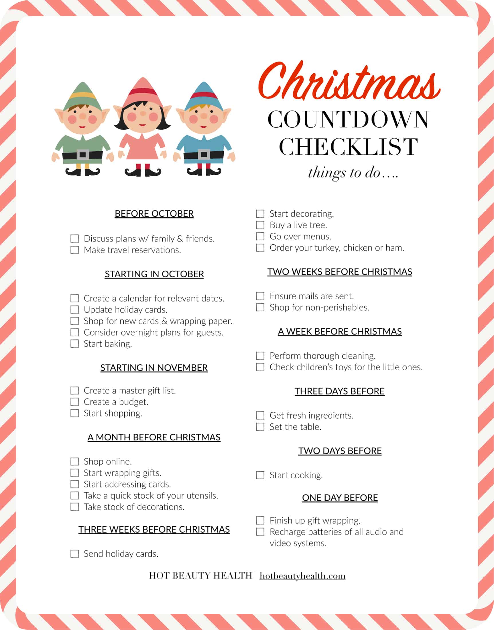 Listed are 29 things you need to do leading up to Christmas. This printable holiday countdown checklist will help you keep track of big tasks and stay organized.