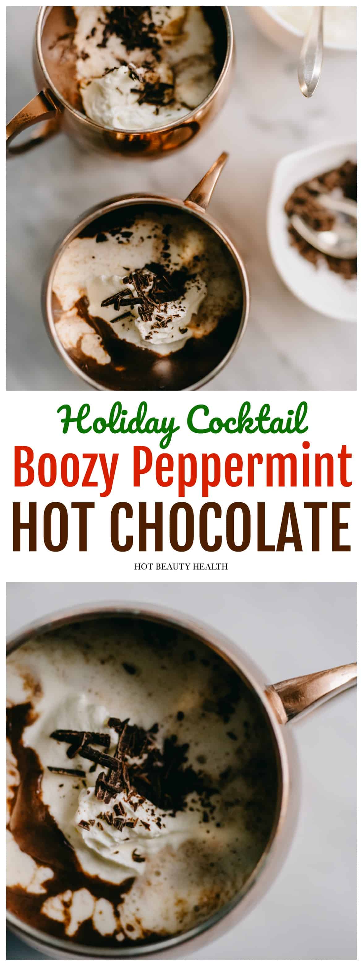 Looking for holiday drink ideas that are alcoholic and will warm you and your guests up from the inside out? This bourbon peppermint hot chocolate recipe is so simple and delicious and makes the perfect post-dinner cocktail for Thanksgiving and Christmas. Click pin to make this easy homemade holiday drink!
