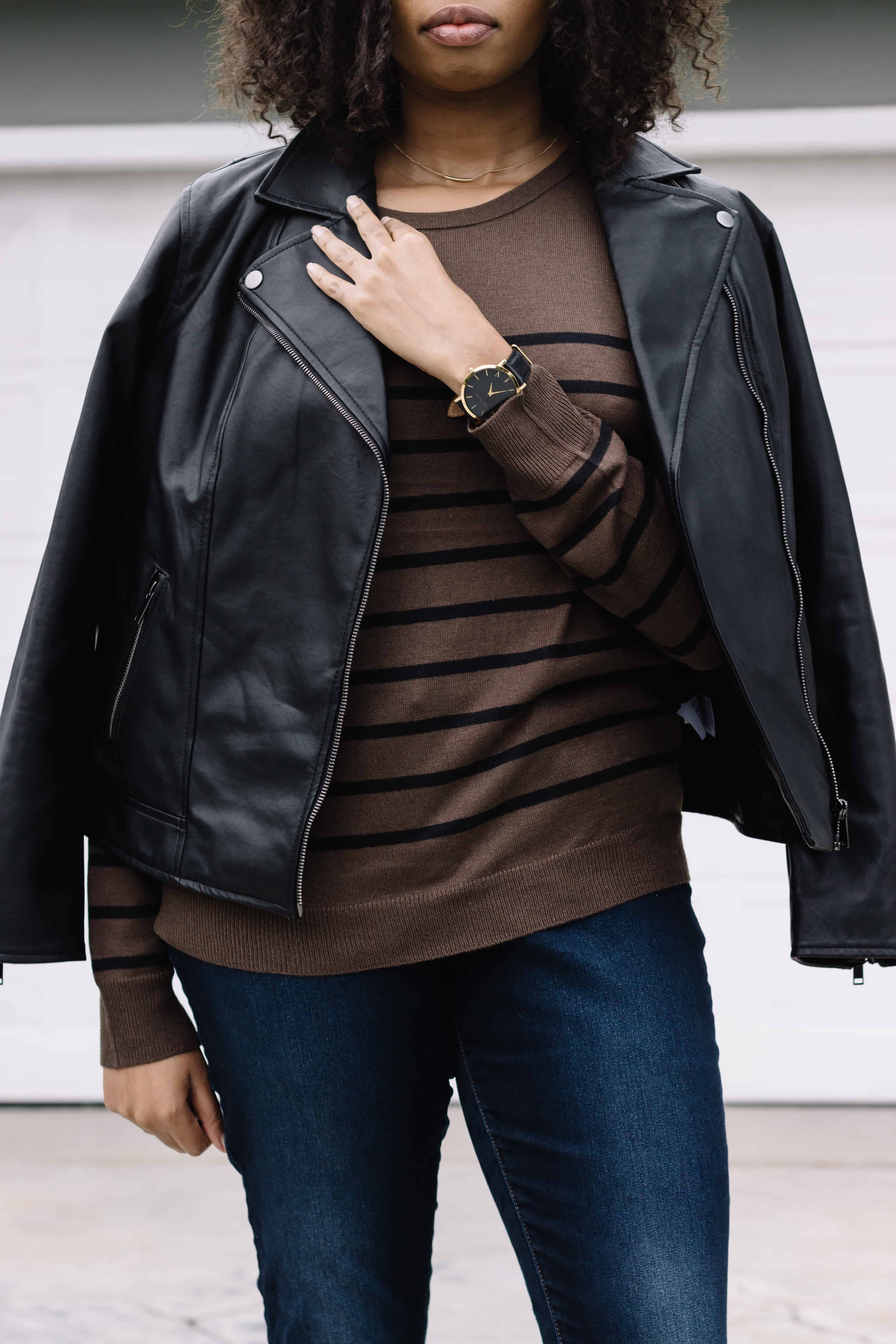 3 Casual Fall Favorites from Tobi. I'm sharing a few of my favorite fashion finds for fall. Click pin to see how I styled this Tobi striped sweater with a leather jacket and skinny jeans and shop my looks.