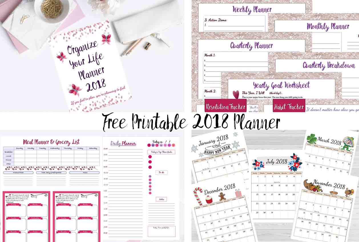 Here’s a curated list of 11 free printable 2018 planners to kick start the new year. A printable planner is perfect for making weekly or monthly to-do lists, goal setting, time management, meal planning, creating a daily routine, tracking tasks or just need help organizing your life. Find all kind of designs from minimal and modern to inserts and more! 