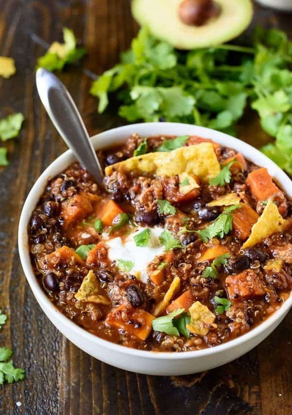 The BEST Slow Cooker Turkey Chili with Quinoa Sweet Potatoes and Black Beans well plated