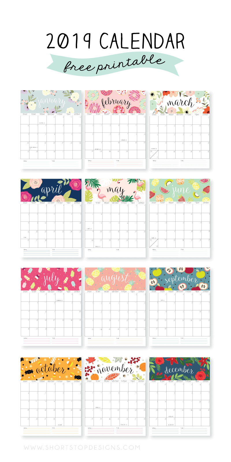 2019 Printable Calendar short stop designs